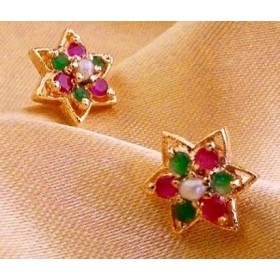 Ruby Emerald Flower Stud Earrings with a Pearl Bud